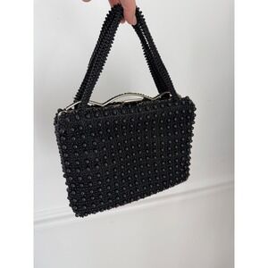 Vintage 1950s Lumured Corde-Bead‎ Black Beaded Handbag Gold Frame Kiss-Lock